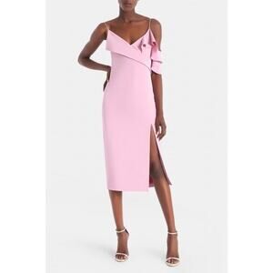 CUSHNIE 100% Silk Adela Sleeveless Pencil Dress Ruffle Shoulder Slit Midi Pink